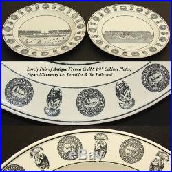Pair Antique French Creil Faience 8 1/4 Cabinet Plates, Paris Grand Tour Scenes