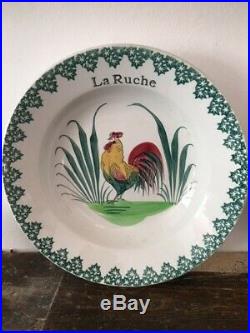 Pair Antique French Faience Porcelain Cockerel Rooster Coq Plates La Ruche c1920