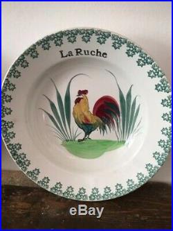 Pair Antique French Faience Porcelain Cockerel Rooster Coq Plates La Ruche c1920