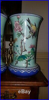 Pair Antique Gien French Faience Pottery 13 1/2 Vases Birds & Peonies