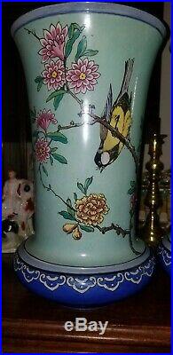 Pair Antique Gien French Faience Pottery 13 1/2 Vases Birds & Peonies
