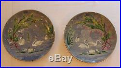Pair Gorgeous French Faience Swan Plates Chargers Vintage Antique Pottery Rare