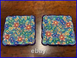 Pair Of Antique French Emaux de Longwy 15 cm Square Blue Faience Plates Saucers