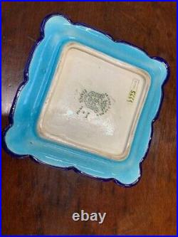 Pair Of Antique French Emaux de Longwy 15 cm Square Blue Faience Plates Saucers