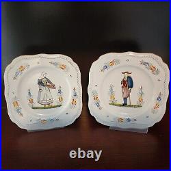 Pair Of Henriot Quimper Faience Octagonal Porcelain Plates Breton Man And Woman