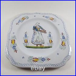 Pair Of Henriot Quimper Faience Octagonal Porcelain Plates Breton Man And Woman