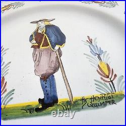 Pair Of Henriot Quimper Faience Octagonal Porcelain Plates Breton Man And Woman