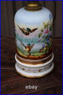 Pair antique french 19thc faience hand paint birds Floral decor lamps rare