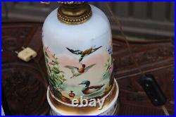 Pair antique french 19thc faience hand paint birds Floral decor lamps rare