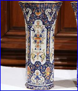 Pair of 19th Century French Hand Painted Faience Trumpet Vases from Normandy