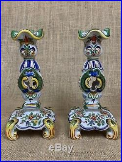 Pair of DESVRES FRENCH FAIENCE ANTIQUE Candlesticks 9 1/2 x 4 1/2