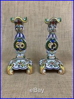 Pair of DESVRES FRENCH FAIENCE ANTIQUE Candlesticks 9 1/2 x 4 1/2