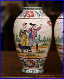 Pair of Early 20th Century French Hand Painted Faience Vases Signed HB Quimper