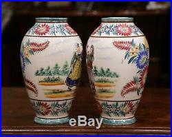 Pair of Early 20th Century French Hand Painted Faience Vases Signed HB Quimper
