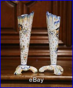 Pair of Early 20th Century French Hand-Painted Faience Vases from Normandy