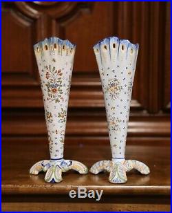 Pair of Early 20th Century French Hand-Painted Faience Vases from Normandy