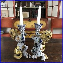 Pair of French Victorian Quimper Faience Ceramic Heraldic Lion Candlesticks