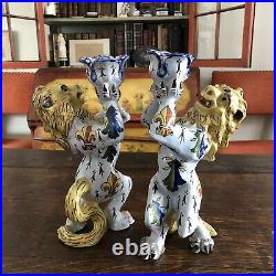 Pair of French Victorian Quimper Faience Ceramic Heraldic Lion Candlesticks