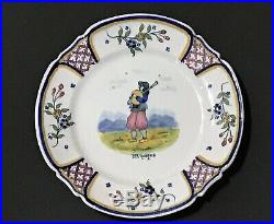RARE 19c Antique HB QUIMPER French Faience Plate Breton Man Playing Bagpipes