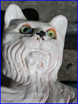 RARE ANTIQUE POTTERY CAT roof climbing GLASS EYES FRENCH FAIENCE C. 1920s