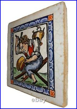 RARE LATE 18TH-EARLY 19TH C EUROP'N SQ FAIENCE CER TILE BRASS SMITH WithHAMMER/POT