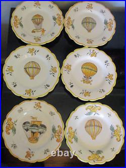 RARE Set 6 Vtg Antique French Faience HandPainted Hot Air Balloon 8-1/4 Plates