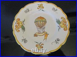 RARE Set 6 Vtg Antique French Faience HandPainted Hot Air Balloon 8-1/4 Plates