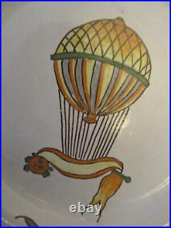 RARE Set 6 Vtg Antique French Faience HandPainted Hot Air Balloon 8-1/4 Plates