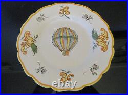 RARE Set 6 Vtg Antique French Faience HandPainted Hot Air Balloon 8-1/4 Plates