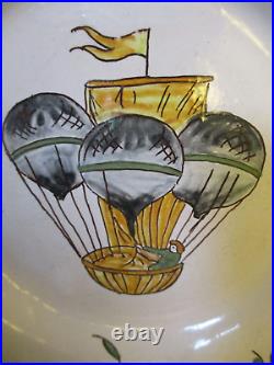 RARE Set 6 Vtg Antique French Faience HandPainted Hot Air Balloon 8-1/4 Plates