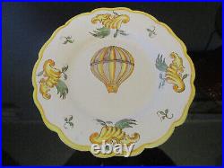 RARE Set 6 Vtg Antique French Faience HandPainted Hot Air Balloon 8-1/4 Plates