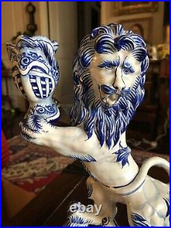 RARE! Signed French Faience Delft Style Ceramic Lion Candlestick! Circa 1921