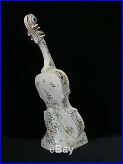 ROUEN VIOLIN & STAND Antique French Faience Desvres, 16.7 inches, Signed, c. 1900