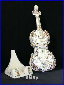 ROUEN VIOLIN & STAND Antique French Faience Desvres, 16.7 inches, Signed, c. 1900