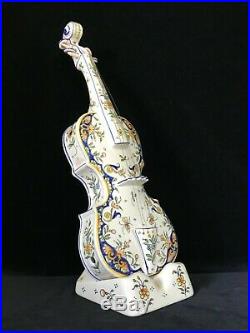 ROUEN VIOLIN & STAND Antique French Faience I Desvres, 16.7 inches, Signed c1920