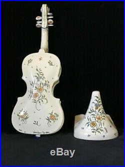 ROUEN VIOLIN & STAND Antique French Faience I Desvres, 16.7 inches, Signed c1920