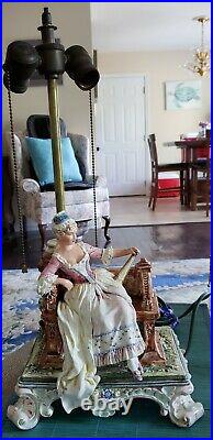 Rare 19th Century French Majolica Faience Woman On Bench Large Figurine Lamp