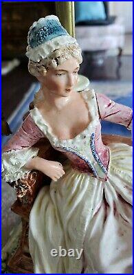 Rare 19th Century French Majolica Faience Woman On Bench Large Figurine Lamp