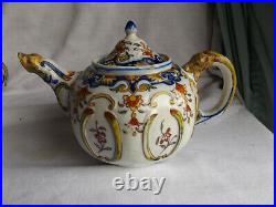 Rare Antique French Faience Rouen Earthenware Tea Set & Cups, Dolphin Handles