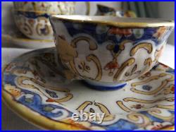 Rare Antique French Faience Rouen Earthenware Tea Set & Cups, Dolphin Handles