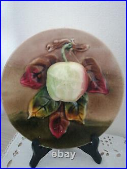 Rare Antique French Handmade Majolica Plate, Optical Illusion Sculpture Apple