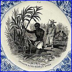 Rare CREIL MONTEREAU Blue ENSLAVED LABORER SUGAR CANE HARVEST Transferware PLATE