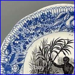 Rare CREIL MONTEREAU Blue ENSLAVED LABORER SUGAR CANE HARVEST Transferware PLATE