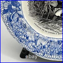 Rare CREIL MONTEREAU Blue ENSLAVED LABORER SUGAR CANE HARVEST Transferware PLATE