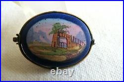 Rare Circa 18701890s Oval French Faience Brooch Ruins Scene Gold Tone Frame