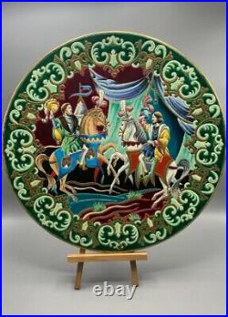 Rare French Longwy 18.5 Earthenware Plate With Enamel Horses Decor 20th Century