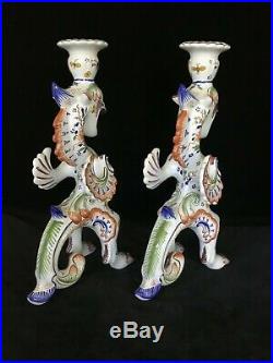 Rare PAIR ROUEN DRAGON CANDLESTICKS 13+ in. Antique French Faience Desvres c1920