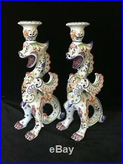 Rare PAIR ROUEN DRAGON CANDLESTICKS 13+ in. Antique French Faience Desvres c1920