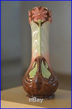 Rare Signed Antique French Faience Art Nouveau Vase European Pottery Ceramic