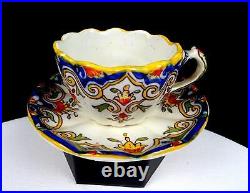 Rouen #1494 French Faience Antique Porcelain Scalloped 2 Cup/Saucer Set 1860